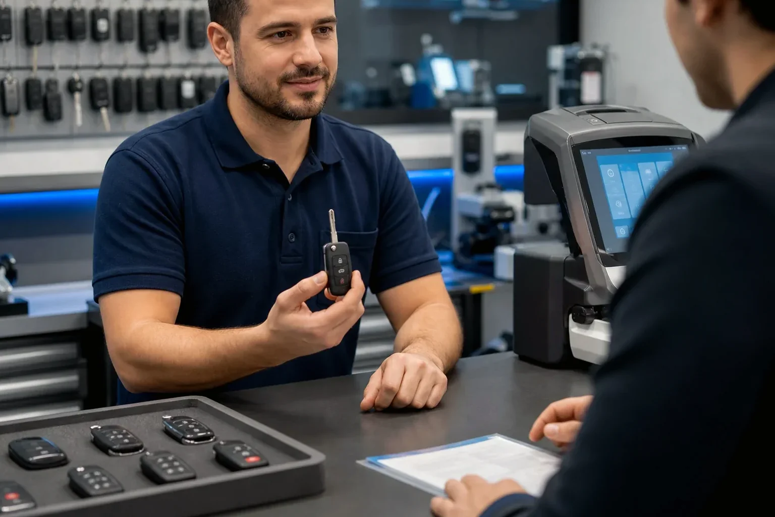 Chaveiro criando uma chave codificada em Manacapuru usando uma máquina.